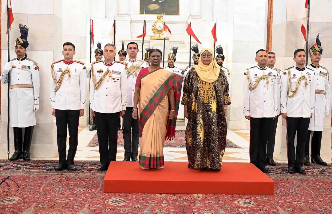 The President of the United Republic of Tanzania Hon. Dr. Samia Suluhu Hassan on a business visit to India with her host the President of India Hon. Draupadi Murmu